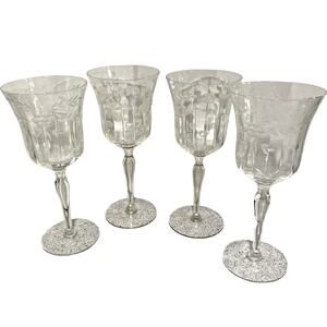 Vintage Mid Century Etched Clear Crystal Wine Glasses Water Goblets Set of 4